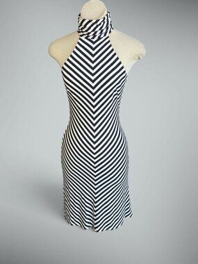 Trina Turk Y2K Navy Blue White Diagonal Stripes Halter Dress Size 4
